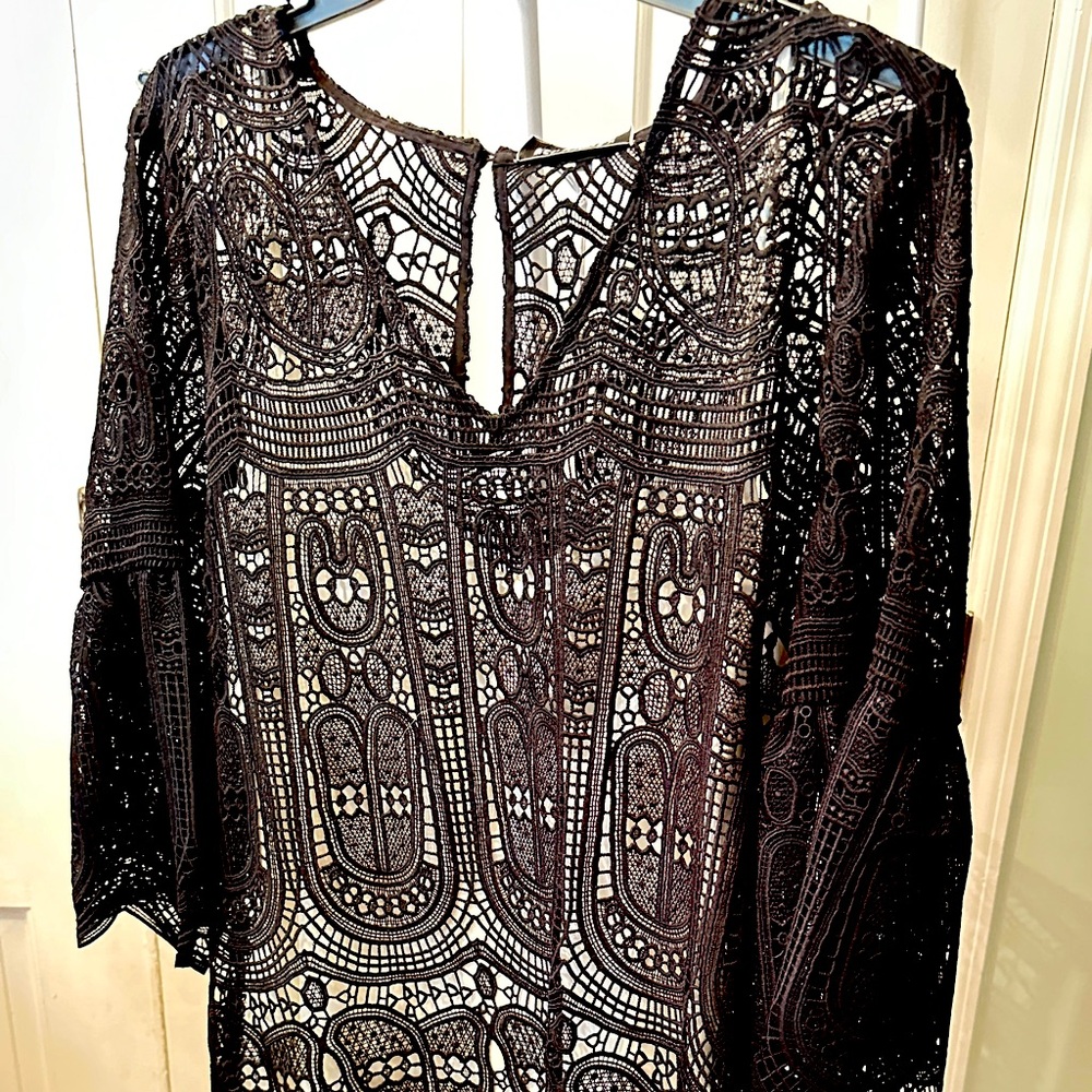 Kobi Halperin knee length black lace dress w/separate white lining Sz L NWT